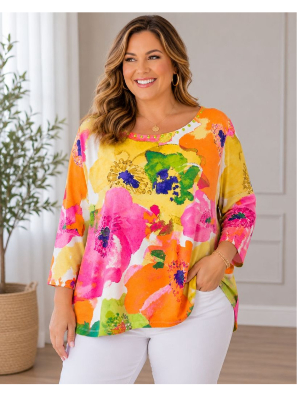Ruby Rd. Floral Watercolor Long Sleeve Top in Pink, Orange, Yellow, Green